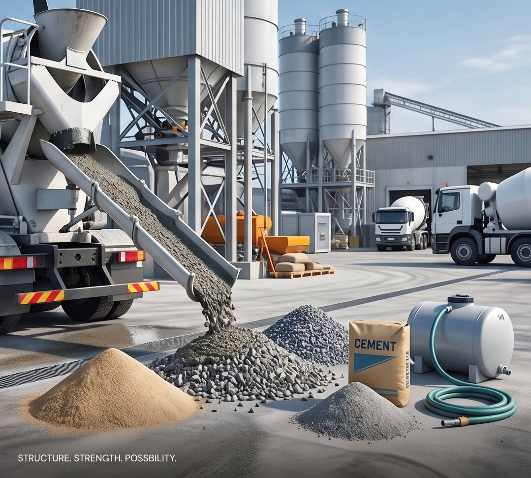 Concrete batching plant with mixer trucks and construction materials