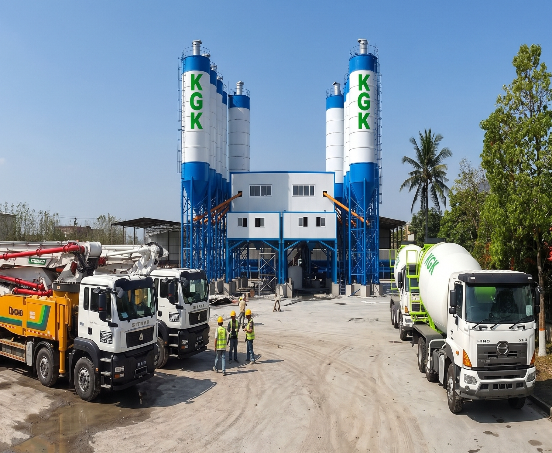 Concrete batching plant with mixer trucks and construction materials